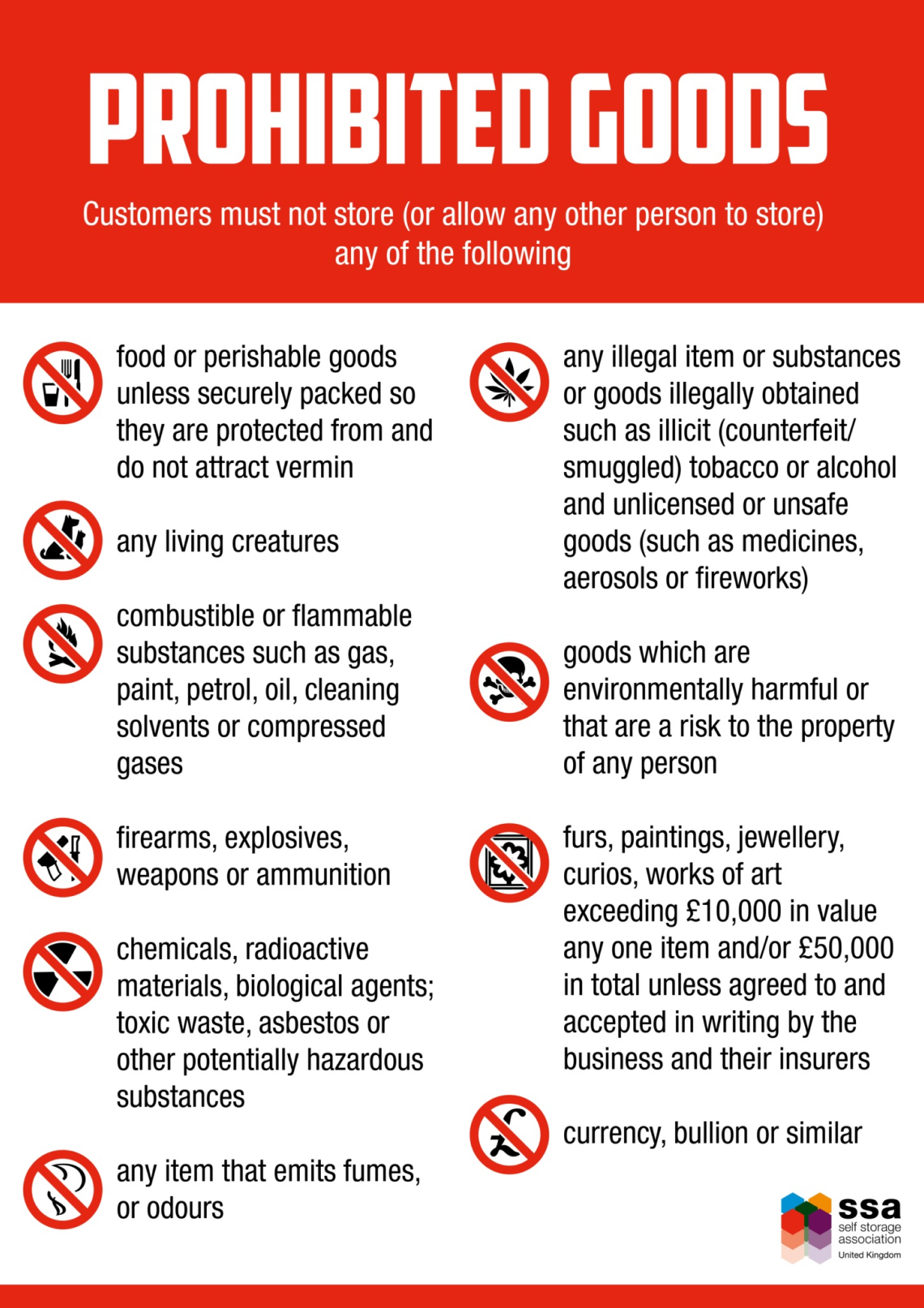 Customers must not store (or allow any other person to store) any of the items listed in this image. 