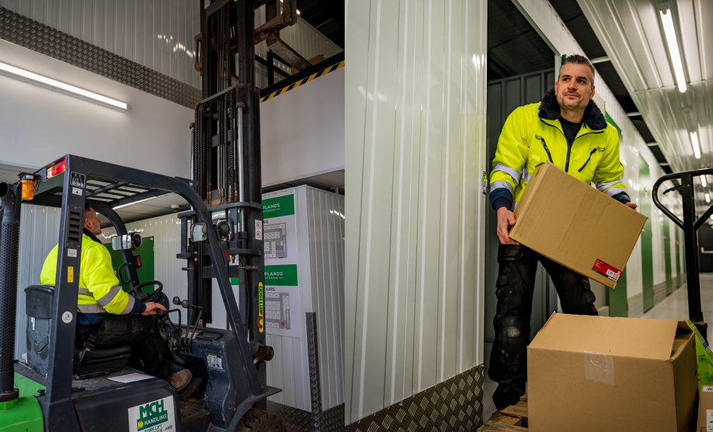 This image shows our Site Manager, Carl, using the forklift and putting the boxes in our indoor storage facility.