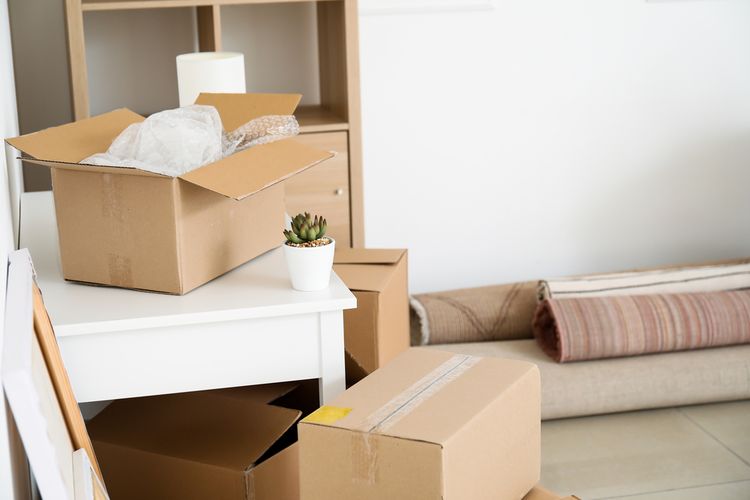 Cardboard boxes with belongings in new flat on moving day